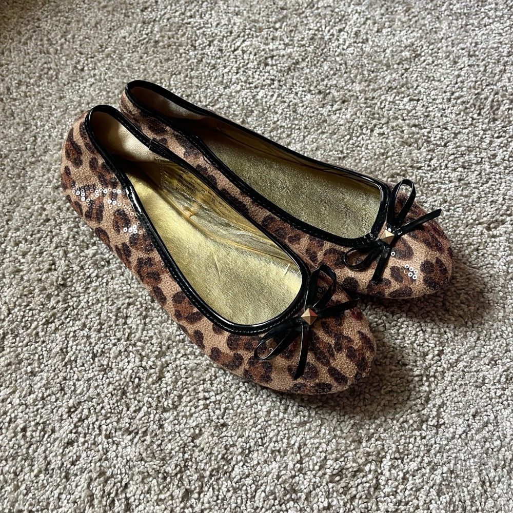 Bongo Leopard Print Ballet Sequin Flats Black Bow Detail Size 9